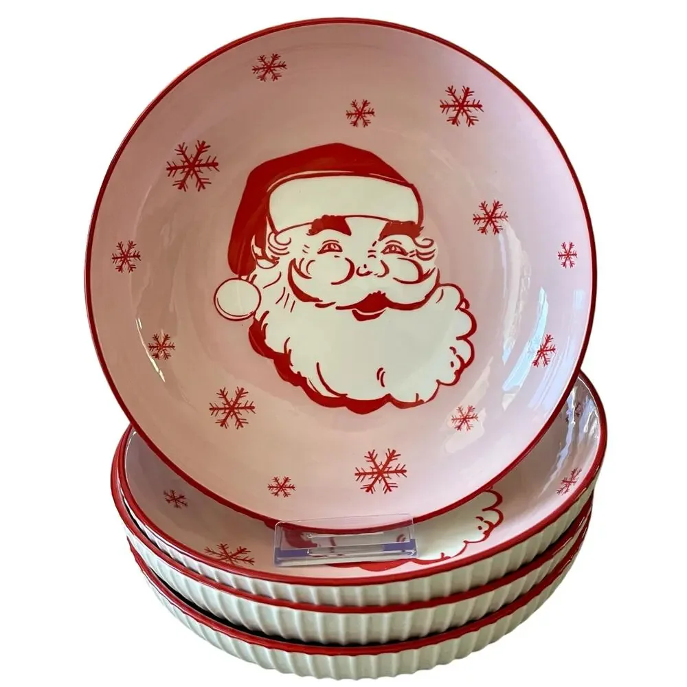 Christmas JOLLY SANTA Dinner Bowl Set of 4 Ceramic Pink Red PrimaDesign Holiday